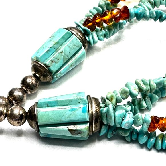Vintage Navajo Four-Strand Turquoise and Amber Necklace w/Fluted Barrel Beads - Picture 12 of 14